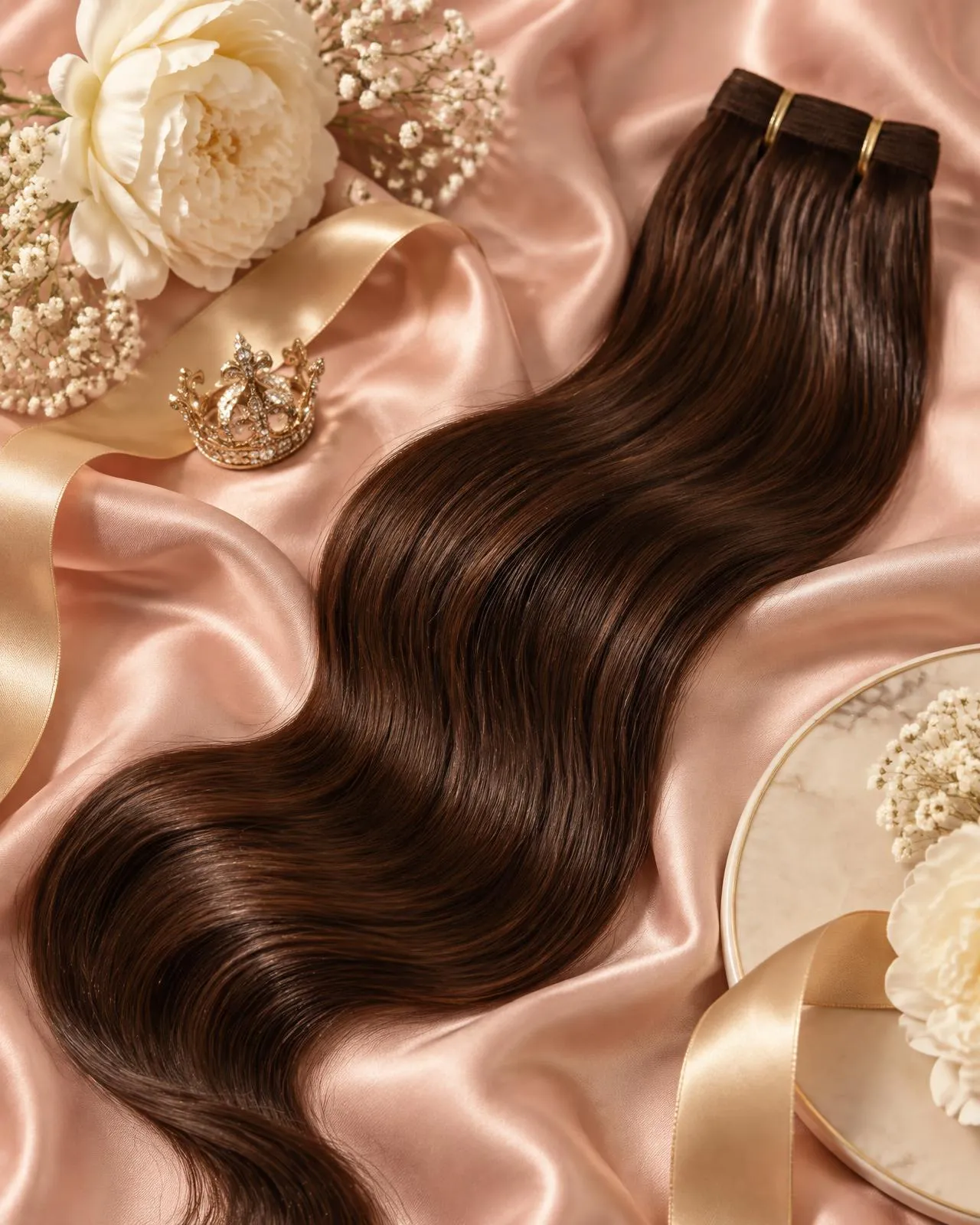 Model met JiJi Co luxury hair extensions. Donkere golven